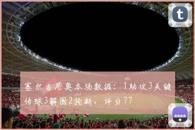 塞尔吉尼奥本场数据：1助攻3关键传球3解围2抢断，评分77